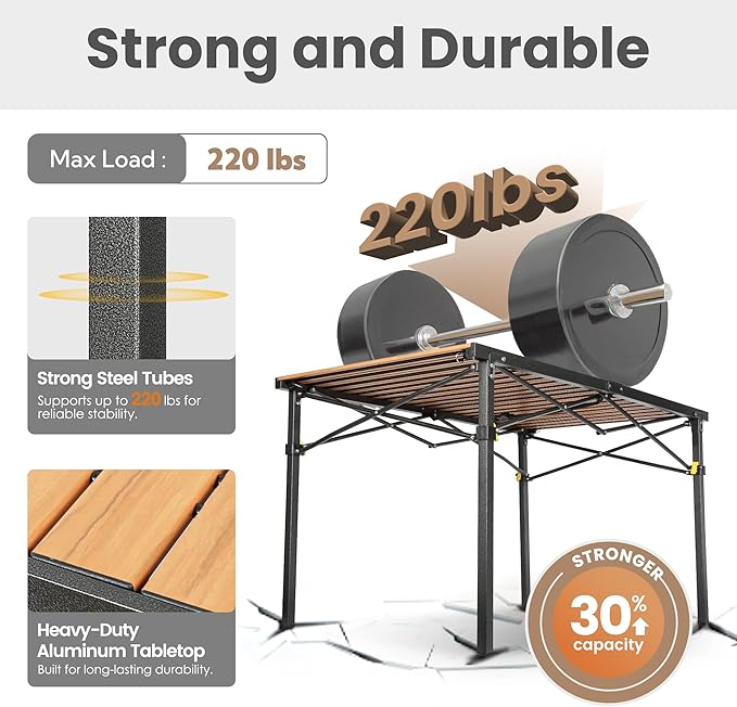Large 46.4" Camping Table for 2-6 People - 220lbs Capacity Heavy Duty Foldable Outdoor Table with Aluminum Roll-Up Top & Carry Bag, Portable Picnic Desk for BBQ, Tailgating, Backyard (Natural)-VerdiqueGarden