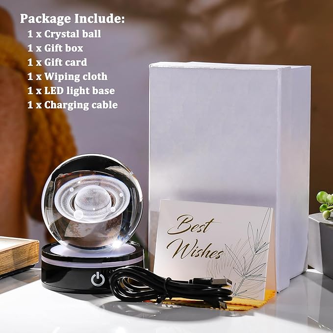 YWHL 3D Crystal Ball with LED Light Base, 3D Laser Engraved Glass Sphere Galaxy Crystal Ball for Home Decorations, Planet Saturn Lamp Gifts for Mother's Day Birthday Christmas (80mm)-VerdiqueGarden