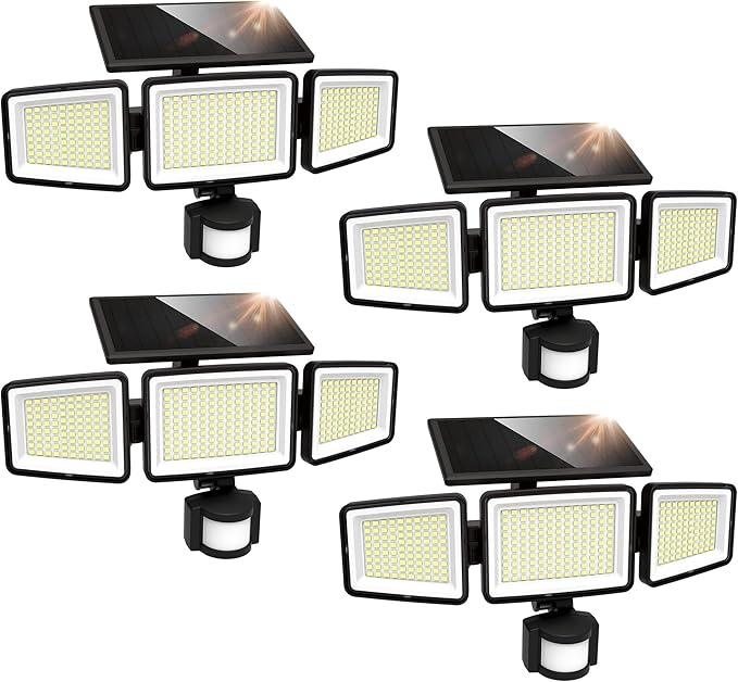 UME Solar Outdoor Lights 302 LED 3000LM, IP65 Waterproof Motion Sensor Outdoor Lights, 3 Heads Solar Security Flood Lights 270 Wide Lighting Angle with 3 Modes for Garden Patio Yard - 4 Pack-VerdiqueGarden