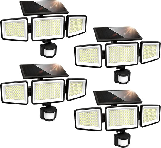 UME Solar Outdoor Lights 302 LED 3000LM, IP65 Waterproof Motion Sensor Outdoor Lights, 3 Heads Solar Security Flood Lights 270 Wide Lighting Angle with 3 Modes for Garden Patio Yard - 4 Pack-VerdiqueGarden