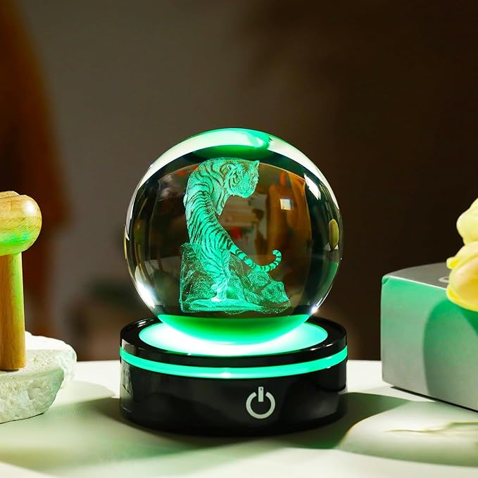 YWHL 3D Tiger Figurine Crystal Ball with Colorful Light Base, Tiger Gifts for Women Men, 3D Laser Engraved Full Sphere Glass Decorative Ball for Home Office (80mm)-VerdiqueGarden