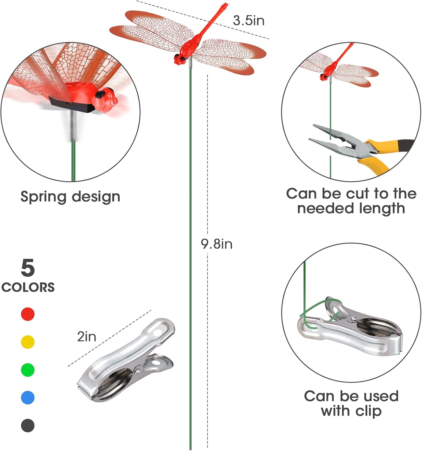 NiHome 15PCS Decorative Dragonflies with 10 Clips Decor for Garden, 9.8" Long Multicolor Waterproof Outdoor & Indoor Use, Versatile Clip-On Plant Decoration, Includes Pliers for Easy Attachment-VerdiqueGarden