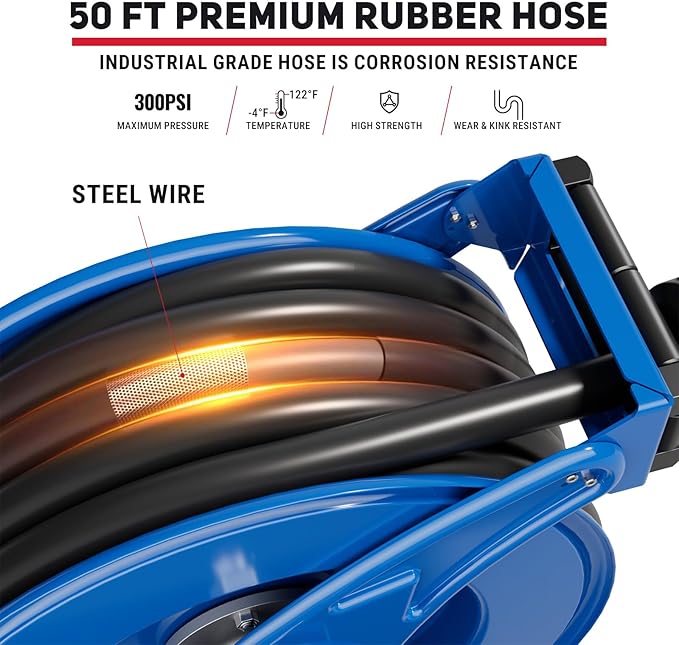 Fuel Hose Reel Retractable with Fueling Nozzle, 3/4" x 50" Heavy Duty Steel, 300PSI Industrial Auto Swivel, Spring Driven Diesel Hose Reel for Construction Farm Ship Vehicle Tank, Blue-VerdiqueGarden