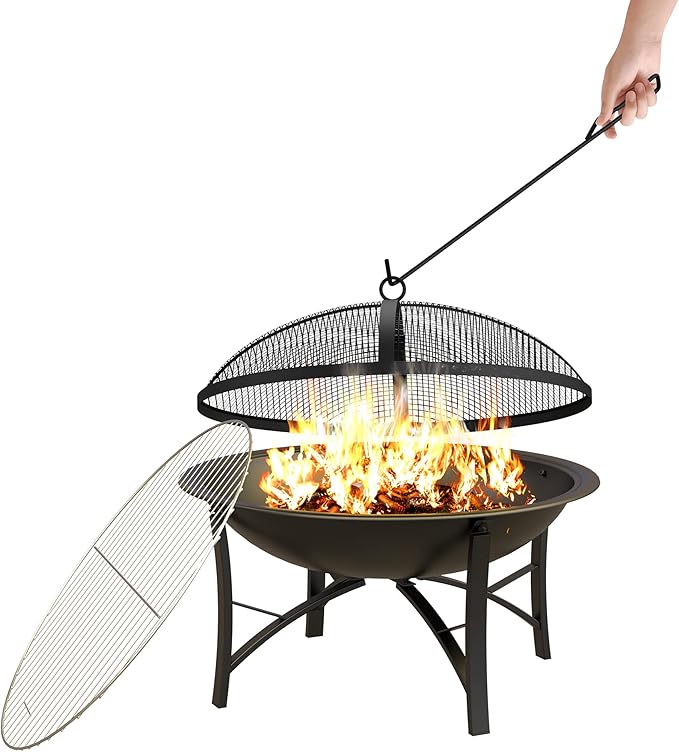 Fire Beauty Fire Pit for Outside Wood Burning,BBQ Grill Steel Fire Bowl with Cooking Grate,Spark Screen Cover,Log Grate,Poker for Camping Beach Bonfire Picnic Backyard Garden-VerdiqueGarden