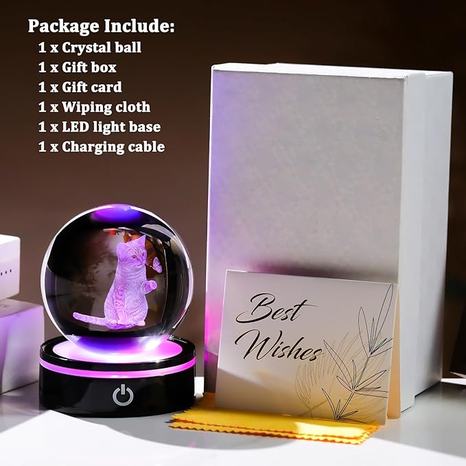 YWHL 3D Crystal Ball Cat Gifts for Women Cat Lover for Christmas Birthday, Laser Cat and Butterfly Figurine with LED Base, Cat Ornament Glass Decorative Ball Globe Night Light for Home Decor (80mm)-VerdiqueGarden