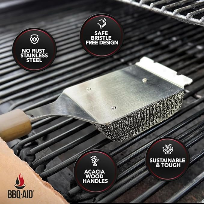BBQ-AID Bristle Free Grill Brush and Scraper for Barbecue - Extended Large Wooden Handle With Replaceable Head - No Scratch BBQ Cleaning Accessories for Outdoor Grills-VerdiqueGarden