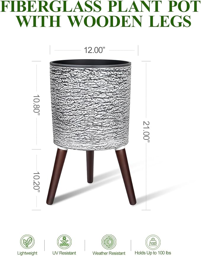 12 Inches Plant Pots with Stand Mid Century Flower Pots with Wood Legs Large Mode Cylinder Planter with Drainage Holes for Indoor Plants,Garden,Decorative-Grey-VerdiqueGarden