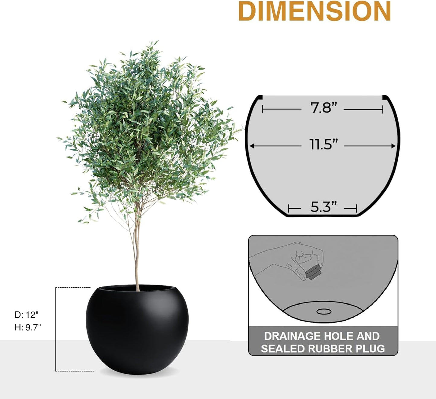 9.7" H x 12" D Globo Fiberstone Round Planter with Drainage Hole, Weather Resistant, Smooth Finish, Planters for Indoor Plants & Outdoor, 2 Extra Coco Mats (Black, 7.8" Pot Opening)-VerdiqueGarden