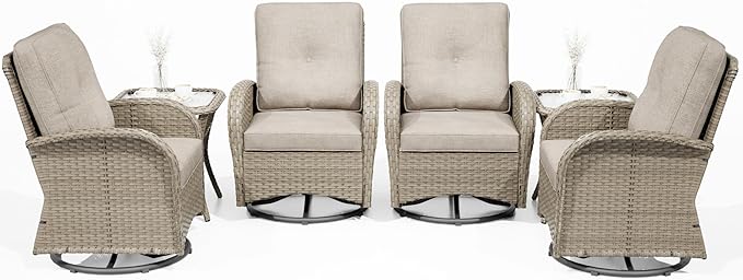 Joyside Outdoor Swivel Rocker Chairs, 6 Piece Wicker Patio Set with Thick Cushion and Side Table, Rattan Patio Swivel Rocking Chairs for Porch, Deck Use (Natural/Beige, 6 PCS)-VerdiqueGarden