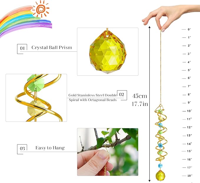 H&D HYALINE & DORA Glass Gazing Ball Spiral Tail Decorative Sun Catcher,17.7in Rainbow Maker Double-Spiral W/Yellow Crystal Ball Prism Sun Catcher for Indoor Outdoor Garden Decoration-VerdiqueGarden