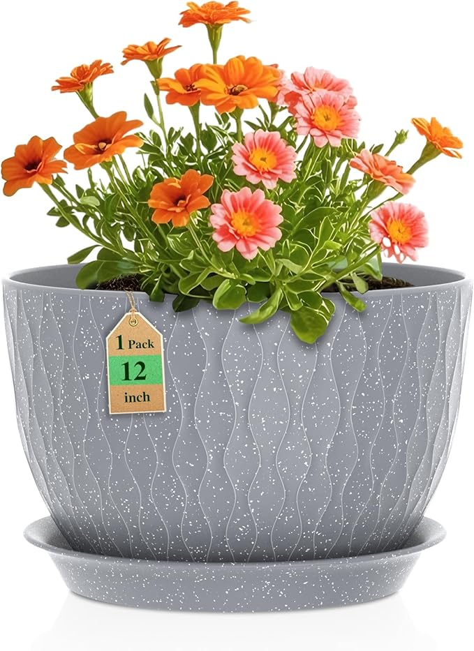 12 Inch Wide Water Ripples Flower Pots for Indoor or Outdoor Plants, Large Plant Pots with Drainage Holes & Saucer, Plastic Planters Set for Garden & Home Decor (Grey with White Speckles)-VerdiqueGarden