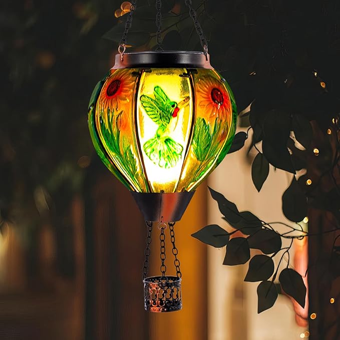 Hummingbird and Sunflower Solar Hot Air Balloon Lantern with Flame, Glass Hot Air Balloon Solar Lantern Outdoor Waterproof, Hanging Solar Lantern for Outside Garden Patio Tree Porch Yard-VerdiqueGarden
