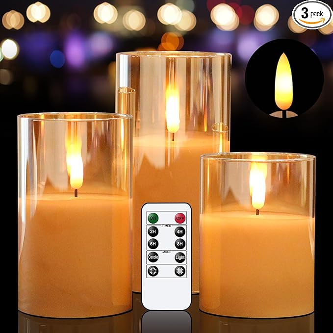 Glass Flameless Candles with Remote Timer,LED Candles Flickering Battery Operated with 3D Wick,Candle Holders Table Centerpiece Decoration for Home Wedding Birthday Festival(Gold)-VerdiqueGarden