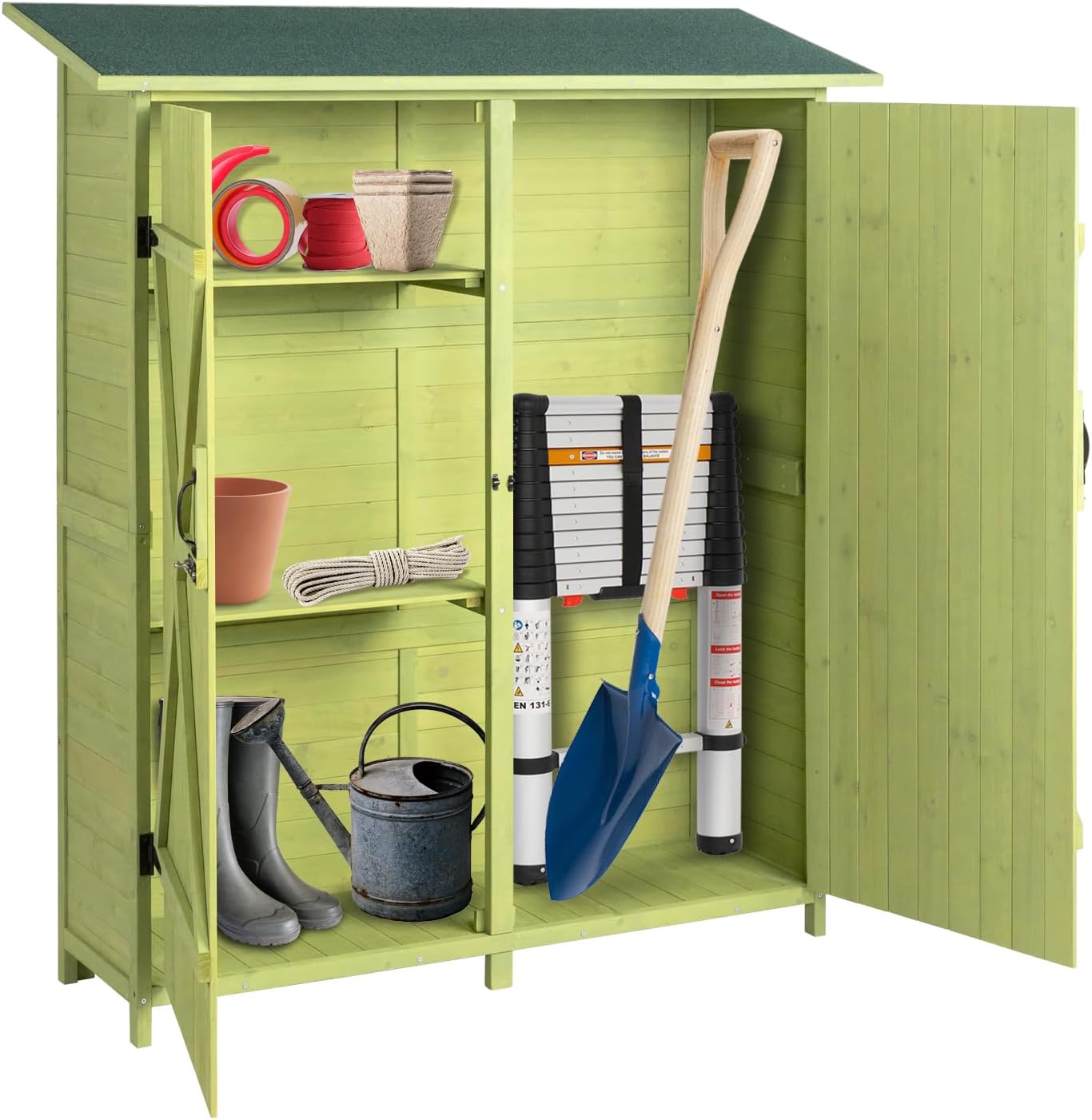 Outvita Outdoor Storage Cabinet with Waterproof Roof, Double Lockable Doors Garden Shed with 2 Removable Shelves, Wooden Storage Shed with Large Storage Space for Yard Garge Patio Deck Porch（Green）-VerdiqueGarden