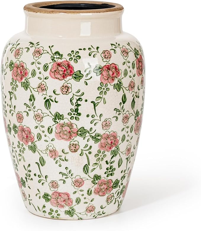 Sungmor Ceramic Flower Vase, Vintage Ice Cracked Glaze Porcelain Vase, Pretty Home Decor Vase for Flower Arrangement, Fresh Flowers, 10.2 Inch Tall Chinoiserie Pottery Vase, Pink Floral Pattern-VerdiqueGarden