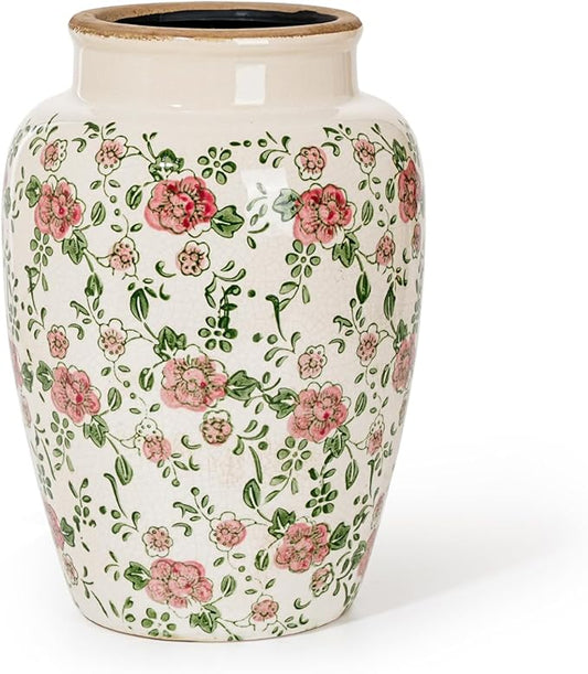 Sungmor Ceramic Flower Vase, Vintage Ice Cracked Glaze Porcelain Vase, Pretty Home Decor Vase for Flower Arrangement, Fresh Flowers, 10.2 Inch Tall Chinoiserie Pottery Vase, Pink Floral Pattern-VerdiqueGarden