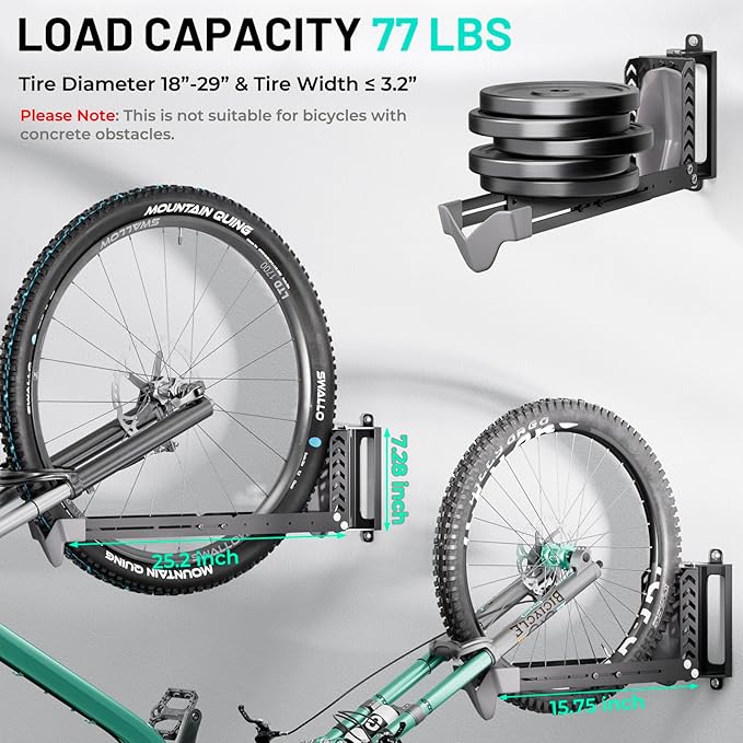 2-Pack Swivel Bike Rack Wall Mount, Bike Hangers for Garage, Space-Saving Vertical Bike Holder, Holds up to 77 lbs, Bicycle Wall Hanger Storage, No Heavy Lifting Required Indoor Hanging Bike Rack-VerdiqueGarden