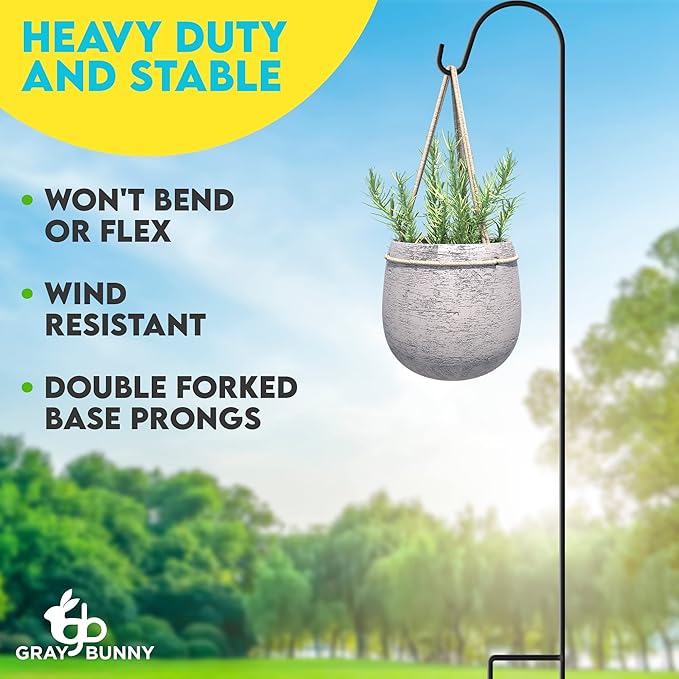 Gray Bunny Shepherds Hooks for Outdoor 35” 10 Pack, Thick Heavy Duty Bird Feeder Pole for Outside Yard, Hanging Plant Stand, Non-Hollow, Non-Adjustable, Extra Long Base Prongs for Backyard Wedding-VerdiqueGarden