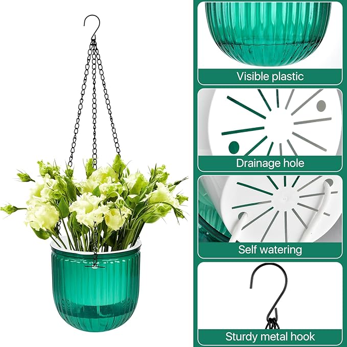 4Pcs Self Watering Hanging Planters, 6.5'' 4.5'' Hanging Flower Pots, Plastic Hanging Plant Basket with Drainage Holes, Visible Hanging Planters for Indoor Plants Garden Home(Emerald)-VerdiqueGarden