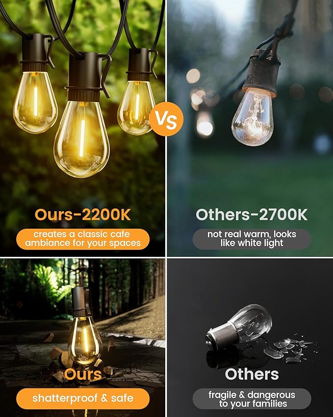 Solar Powered 150FT Outdoor String Lights 35+2 LED Bulbs Waterproof Shatterproof Remote Control Dimmable Extra Long Hanging Lights for Large Yard Deck Market Cafe Event Lighting-VerdiqueGarden