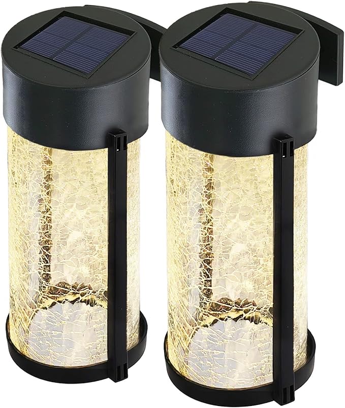 Solar Outdoor Wall Lights Fixture Set of 2 Porch Lights Crackled Glass Diffuser with Warm White LED-VerdiqueGarden