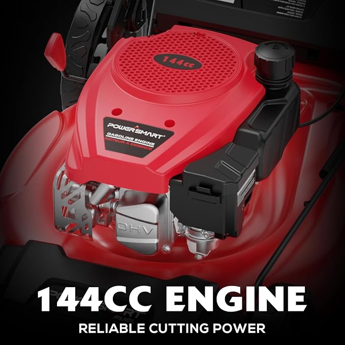 PowerSmart 21-inch Gas Push Lawn Mower, 144cc 4-Stroke Engine with Easy Adjustable Cutting Height, High Wheels, 2-in-1 with Mulch, Bag-VerdiqueGarden