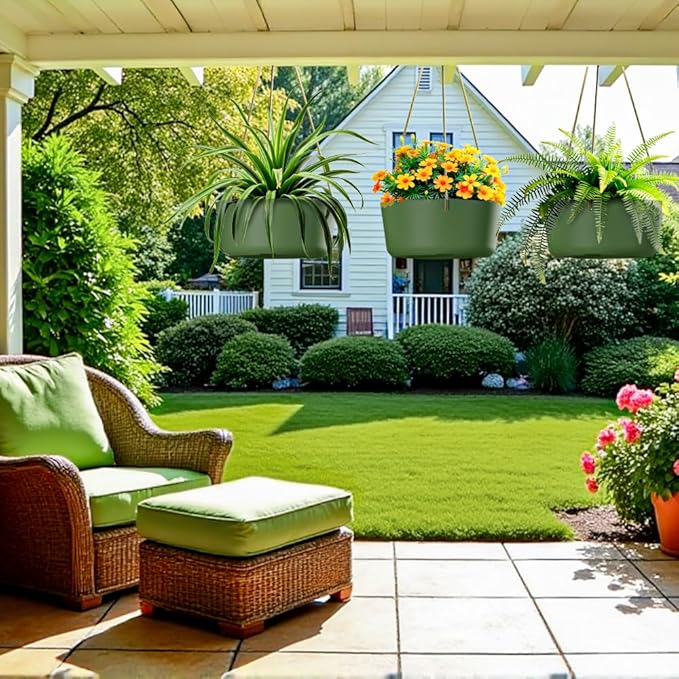 10.7 Inch Hanging Planter for Outdoor Indoor Plants，2 Pack Hanging Flower Pots with Drain Holes for Garden Home Decor Use (Dark Green)-VerdiqueGarden