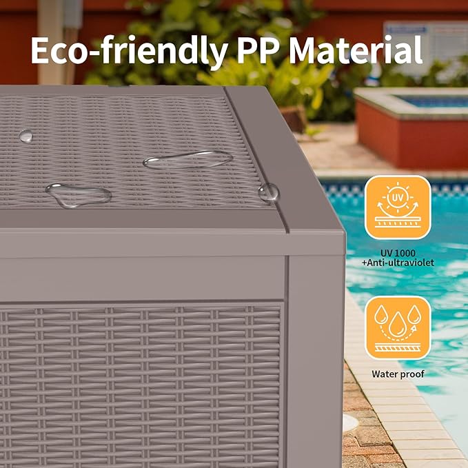 DRATO 100 Gallon Large Deck Box, Outdoor Storage Box for Patio Furniture, Patio Cushions, Gardening Tools, Pool Supplies,660lbs Weight Capacity,Waterproof Resin Storage Boxes-VerdiqueGarden