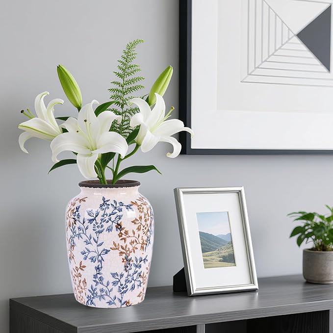 Vintage Vase for Flowers,Blue Chinoiserie Ceramic Vase,Rustic Farmhouse Cracked Vases,for Flower Arrangement,Living Room, Office, Shelf, Fireplace Tables,Centerpieces,Chinoiserie Pottery Decor(C)-VerdiqueGarden