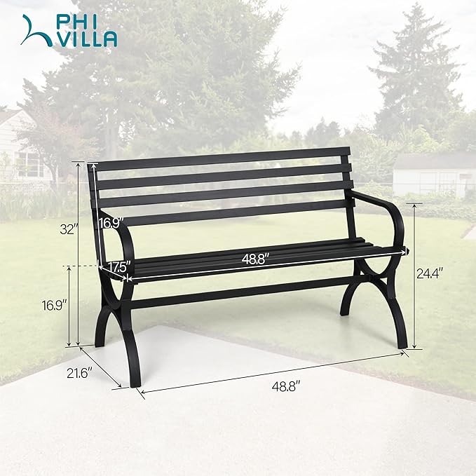 PHI VILLA Outdoor Garden Bench, 48” Long Metal Steel Bench with Backrest and Armrests, Modern Slatted Design for Patio, Lawn, Yard, Porch - Black-VerdiqueGarden
