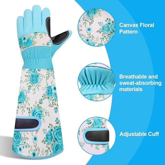 DLY Gardening Gloves for Women, Rose Gloves Gardening Thorn Proof, Long Garden Gloves for Women, Breathable & Durable Leather Gauntlet(Medium, Light Blue)-VerdiqueGarden