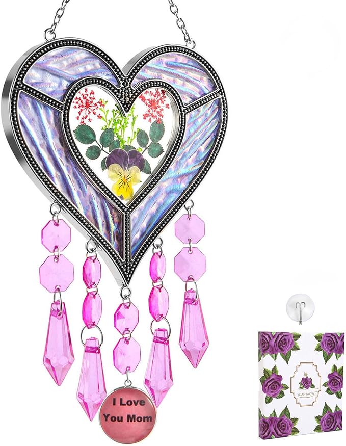 Gifts for Mom Suncatcher Heart Shaped I Love You Mom - Colored Glass Light Catcher Hanging Wind Chime Decorations Window Gifts Mother's Day Valentine's Day Birthday Christmas (Purple)-VerdiqueGarden