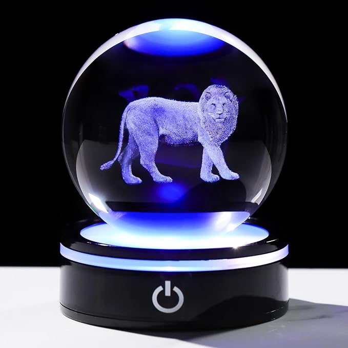 YWHL 3D Crystal Ball Lion Figurine with LED Base, Lion Gifts for Men Women Lions Lovers on Christmas Birthday, Lions Ornament Glass Sphere Decorative Ball for Home Decor (80mm)-VerdiqueGarden