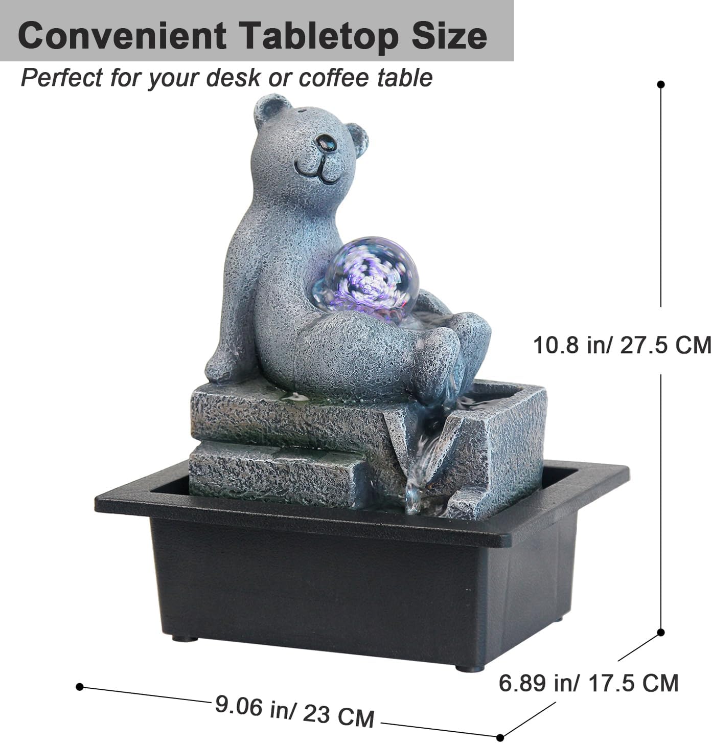 Cascading Rock Tabletop Fountain, Cute Bear Indoor Waterfall Fountain with Colored LED Lights and Rolling Ball, 3 Tiered Desktop Fountain for Office Home Bedroom-VerdiqueGarden