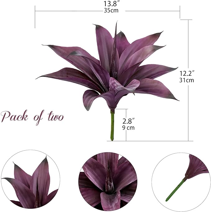 Fake Plants Artificial Agave Plants Indoor，UV Resistant Fake Agave Planters Outdoor Decorating Artificial Plants for Outdoors Decor Agave (2Pack,12.6'Purple) Spring Decorations for Home-VerdiqueGarden