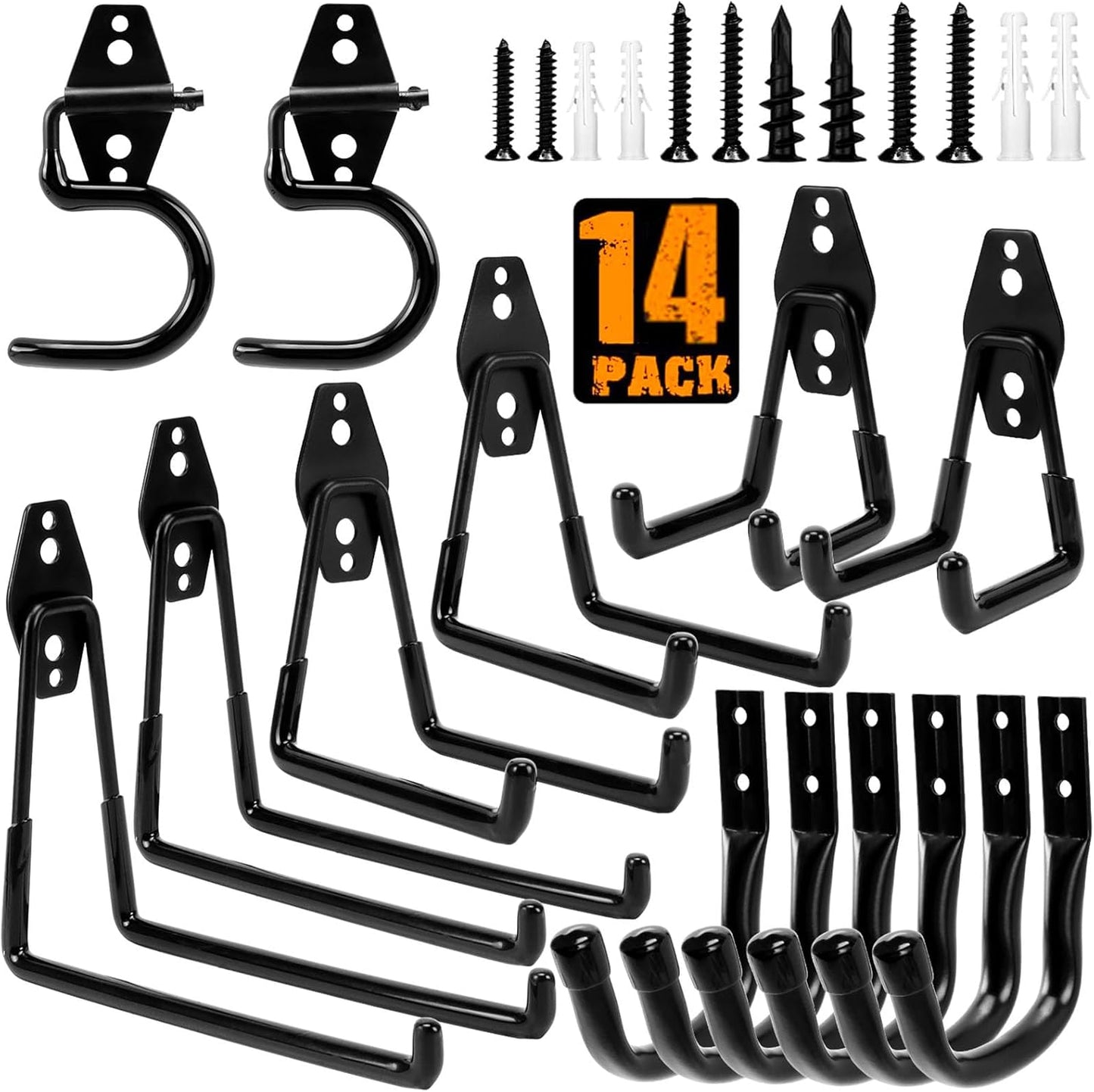 TocTen Garage Hooks, 14 Pack Garage Storage Hook Heavy Duty Solid Steel Wall Hooks, Wall Mount Storage Hook Kit with Anti-Slip Coating Ladder Hooks for Hanging Garden Tools Chair Hose Ropes (Black)-VerdiqueGarden