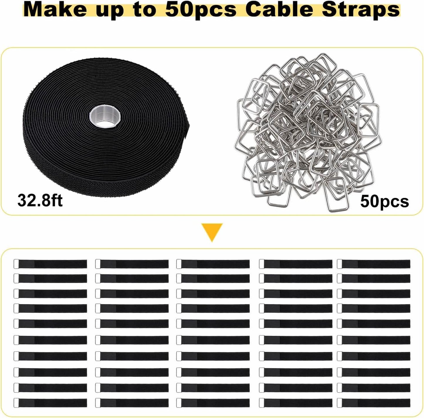 1"x32ft Hook and Loop Straps with 50 Metal Buckles, Adjustable Fastening Cable Straps, Cut-to-Length Cinch Strap, Reusable Nylon Securing Cord Ties for Organizer or Storage, 1 inch Wide, Black-VerdiqueGarden