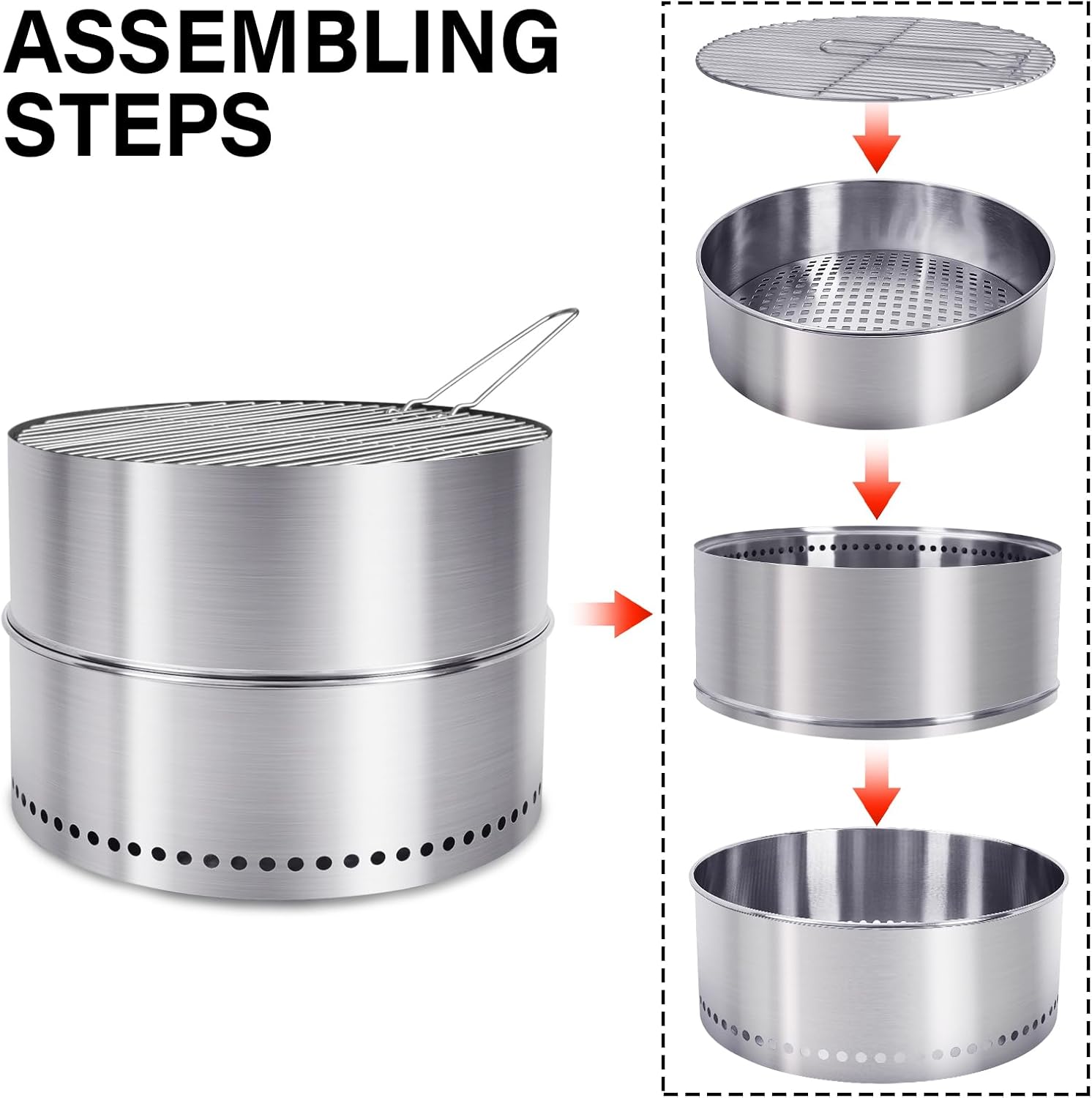 HGD 19.5 Inch Smokeless Firepit with Grill, Portable Wood Burning Fire Pit for Camping & Backyard, Stainless Steel Outdoor Fireplace with Travel Bag, Easy Setup & Compact Storage - Foldable Design-VerdiqueGarden