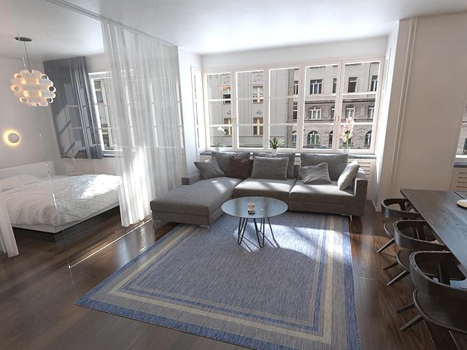 Unique Loom Outdoor Border Collection Area Rug - Soft Border (8' x 11' 4" Rectangle, Blue/ Ivory)-VerdiqueGarden