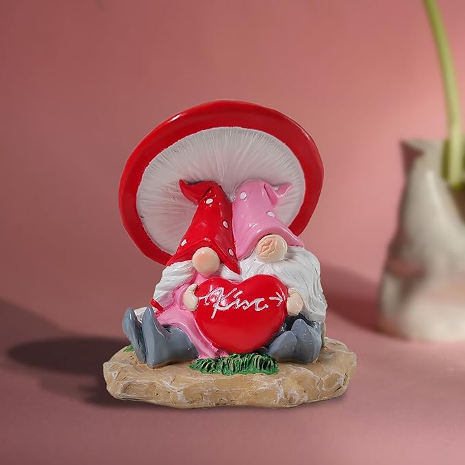 Garden Pink Tiny Gnome Couple Statue with Red Heart Mushroom Funny Outdoor Resin Figurines Home Decorations Valentine’s Day Housewarming Ornament Gift-VerdiqueGarden