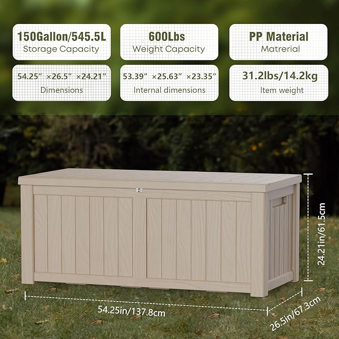 150 Gallon Resin Deck Box, Waterproof Outdoor Storage Bin for Patio Furniture, Pool Accessories, and Garden Tools, Lockable & UV-Resistant, Grey-VerdiqueGarden