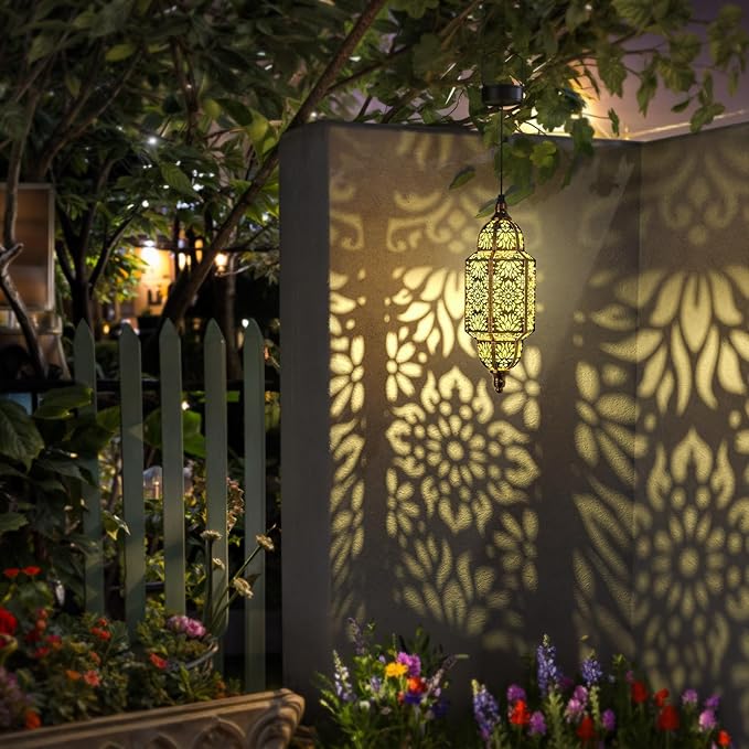 Twinkya Hanging Solar Lights Outdoor Garden Decorative Solar Lantern Waterproof Metal Moroccan Outdoor Decorations for Patio Pathway Yard Porch Backyard Garden Decor (Gold, 1 Pack)-VerdiqueGarden
