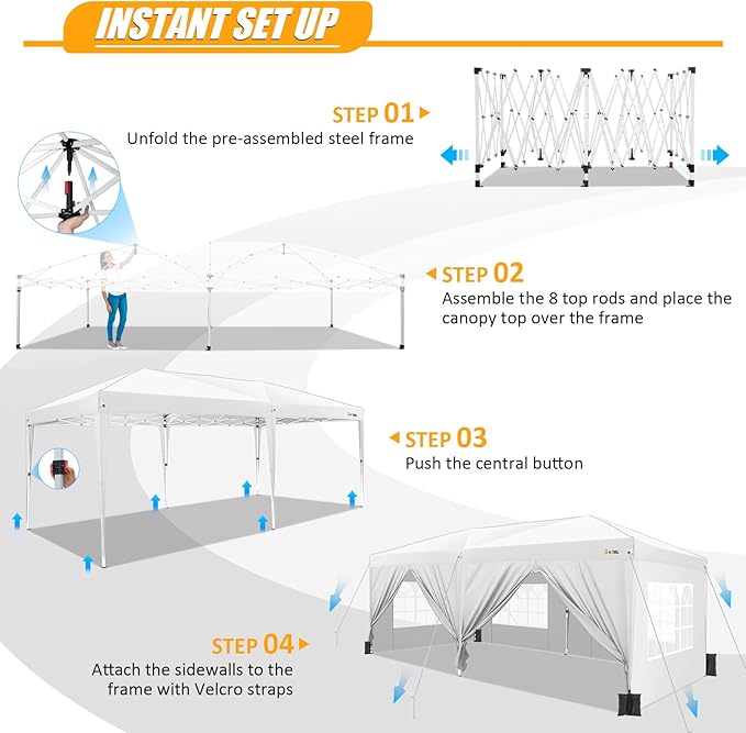 HOTEEL 10x20 Pop up Canopy with Sidewalls, One Push Outdoor Tents for Parties Waterproof Canopy Tent with Reinforce Rod, Easy Setup Event Tent with Sandbag for Backyard, Camping, Wedding, White-VerdiqueGarden