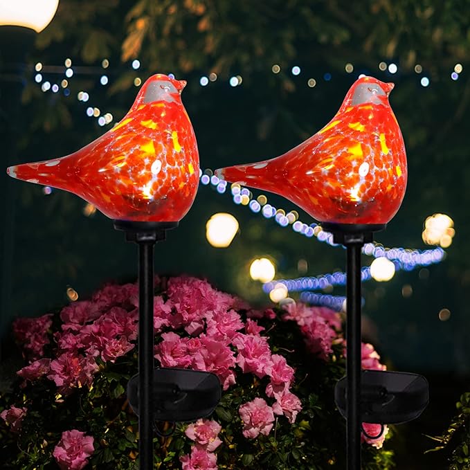 Afirst Solar Outdoor Lights - Decorative Solar Stake Lights Cardinal Handblown Glass Garden Stakes, Waterproof for Pathway Decoration, 2 Pack-VerdiqueGarden