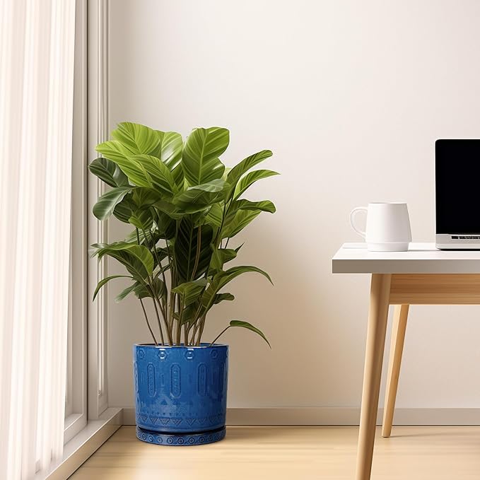 10 Inch Plant Pot - Ceramic Planter Outdoor Plant Pot Indoor with Drainage Holes and Saucer Large Flower Pot Round Decorative Planter for Garden Patio Decor Blue-VerdiqueGarden