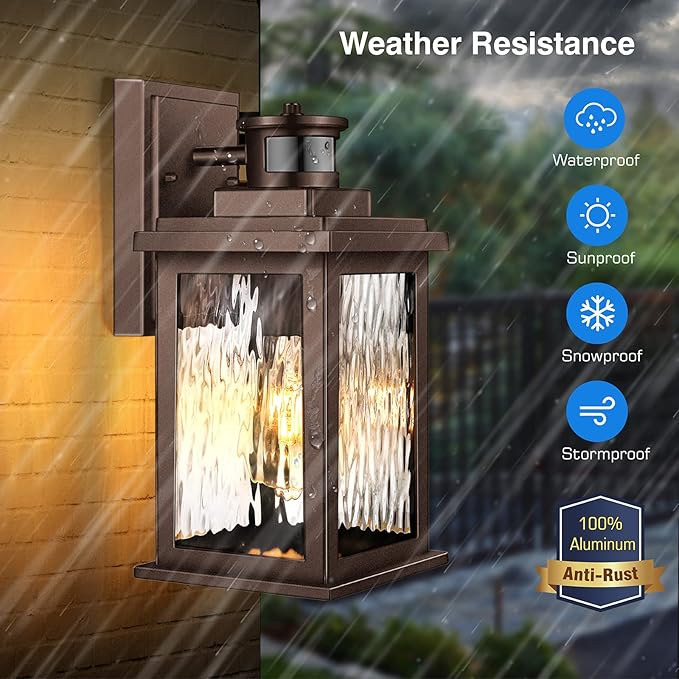 VIANIS Outdoor Motion Sensor Lights for House Oil-Rubbed Bronze, Exterior Waterproof Porch Lights Fixture Wall Mount for House, Aluminum Wall Lantern with Tempered Ripple Glass for Garage Entrance-VerdiqueGarden