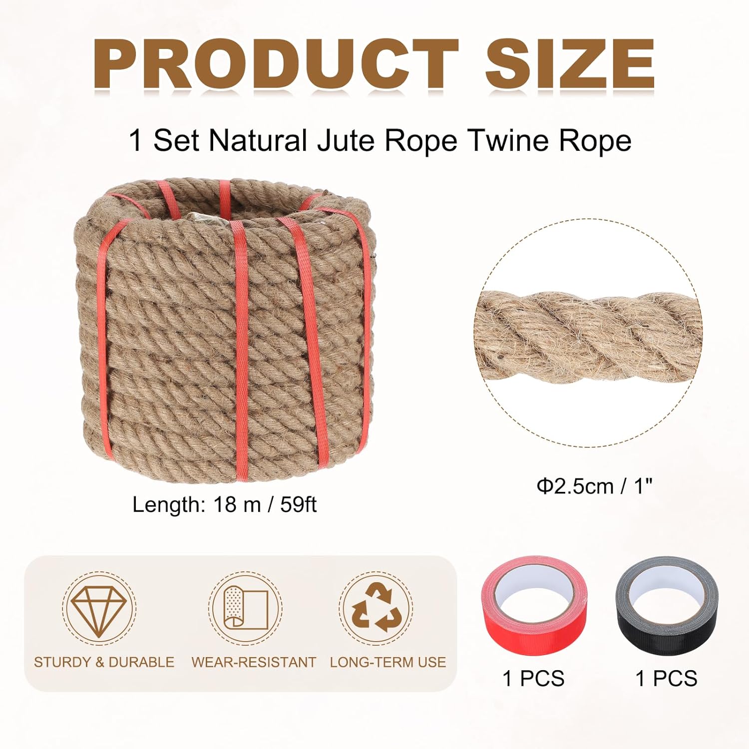 MECCANIXITY Jute Rope 1 Inch x 59ft, Thick Twine Rope Ropes Braided Jute Twine Natural Brown Burlap Cord String Heavy Twisted with Tapes for Decorative Crafts Railing Swing Tug of War-VerdiqueGarden