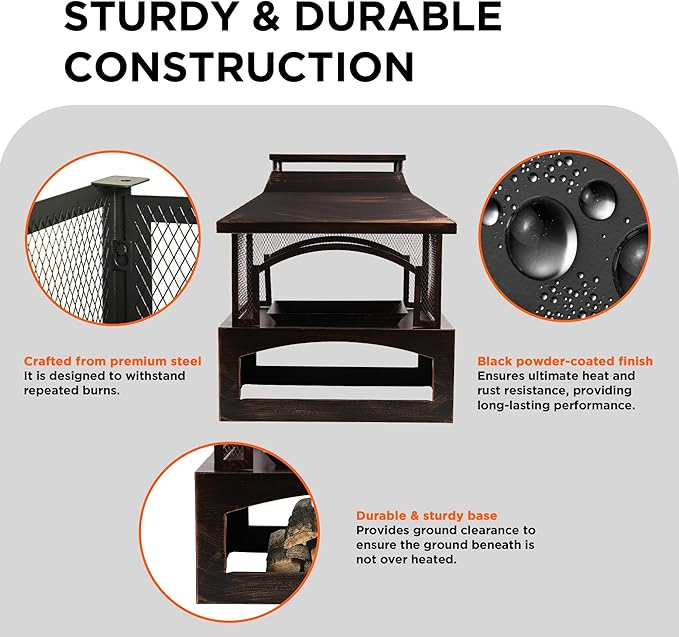 Bestier 37" Fire Pits, Wood Burning Fireplace for Outside Rectangular Chiminea Outdoor Firepits with Poker, Wood Storage, Rain Cover and Removable Fire Grill for Patio, Garden, Backyard, Camping-VerdiqueGarden