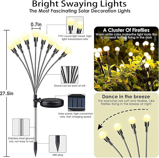 OZS 4-Pack Warm White &4-Pack Cool White Total 64LED Solar Garden Lights - Solar Lights Outdoor, Solar Firefly Lights, Sway by Wind,Solar Fairy Lights Waterproof for Yard Garden Decoration-VerdiqueGarden