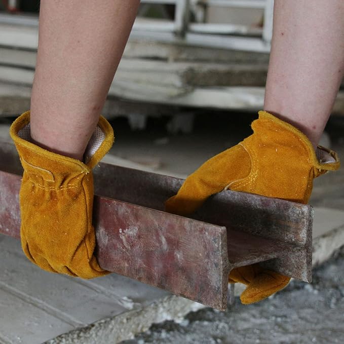 OZERO Leather Work Gloves Flex Grip Tough Cowhide Gardening Glove for Men and Women (Medium, Gold With Mesh Linning)-VerdiqueGarden